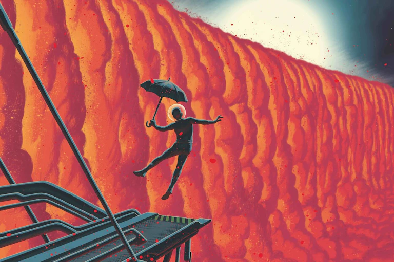 Artists impression of someone on a planet where it rains iron.