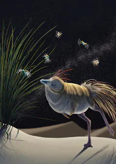 An artistic reconstruction showing _S. deserti as a small, feathered bipedal dinosaur with an owlish face.