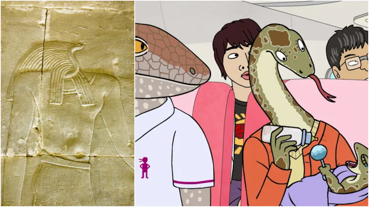 Carving of a snake next to an animated image of a snake feeding a baby.