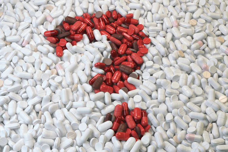 A question mark made out of red pills against a backdrop of white pills.