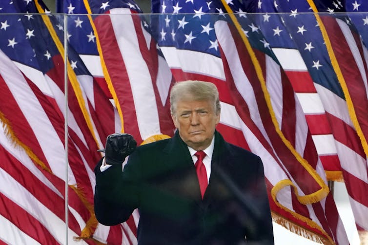 former President Donald Trump raises his right arm as his hand forms a fist during a speech, with a row of US flags behind him