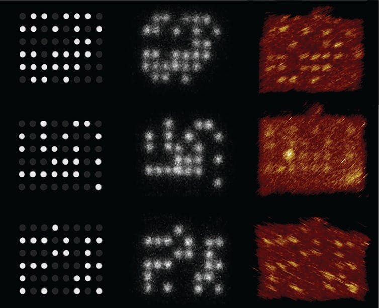 Three columns and three rows of dots against a dark background