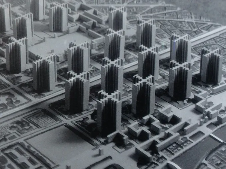 Model of the Plan Voisin for Paris by Le Corbusier displayed at the Nouveau Esprit Pavilion in 1925