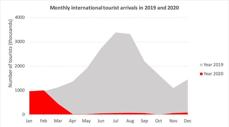 Monthly international tourist arrivals in 2019 and 2020