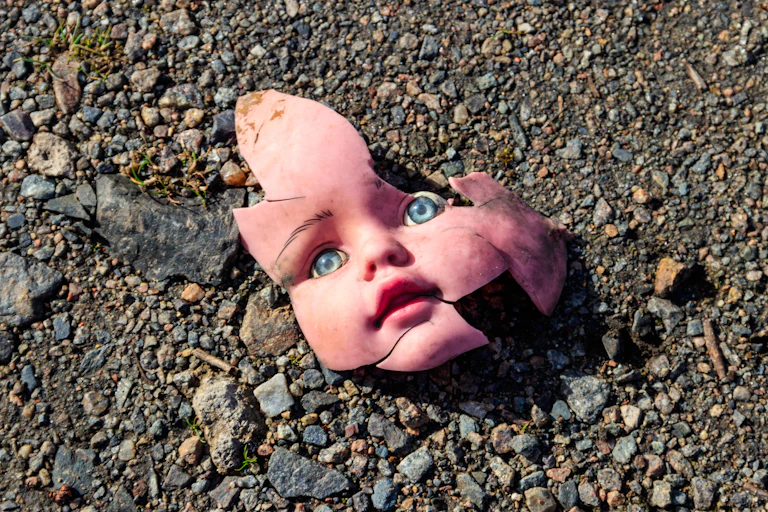 Rostro de muñeca rota en suelo de piedras