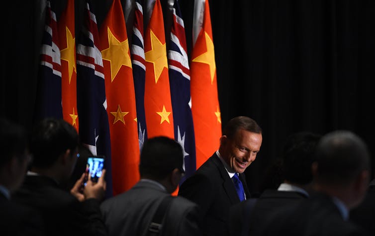 Then Australian prime minister Tony Abbott at the signing of the China-Australia Free Trade Agreement, June 17 2015