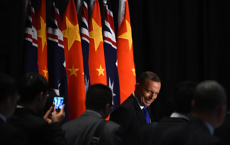 Then Australian prime minister Tony Abbott at the signing of the China-Australia Free Trade Agreement, June 17 2015
