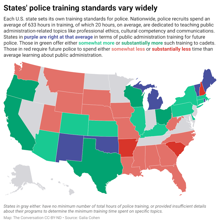 A map of the United States color coded according to each state's training standards for police.