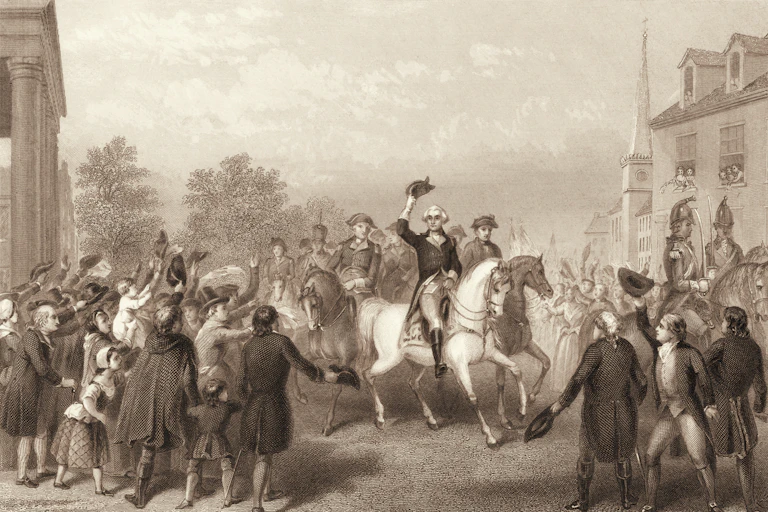 George Washington on horseback doffing his hat in a crowd.