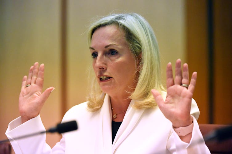 Christine Holgate before a Senate inquiry into changes at Australia Post on April 13 2021.