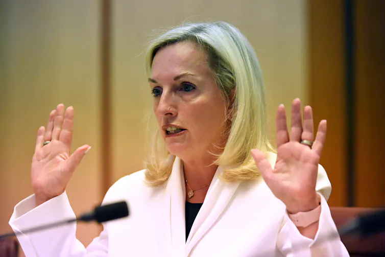 Christine Holgate before a Senate inquiry into changes at Australia Post on April 13 2021.