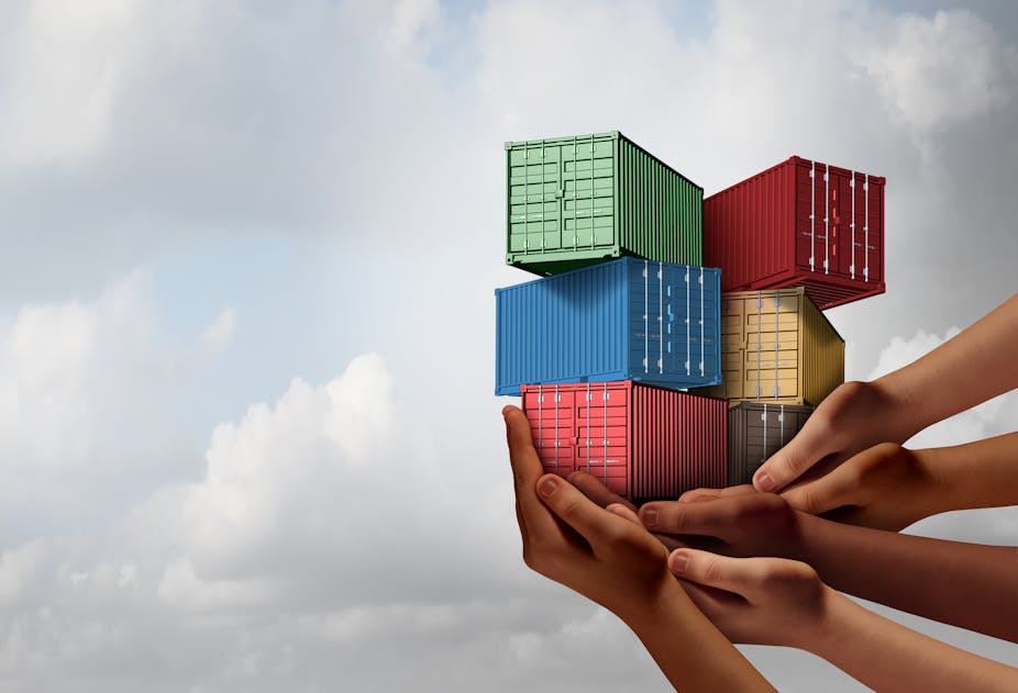 Illustration of five hands holding a pile of miniature shipping containers