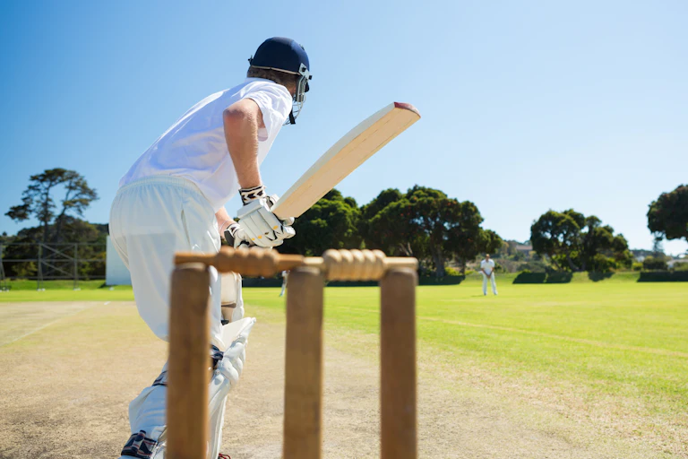 A batsman preparing to take a shot, photographed from behind the stumps