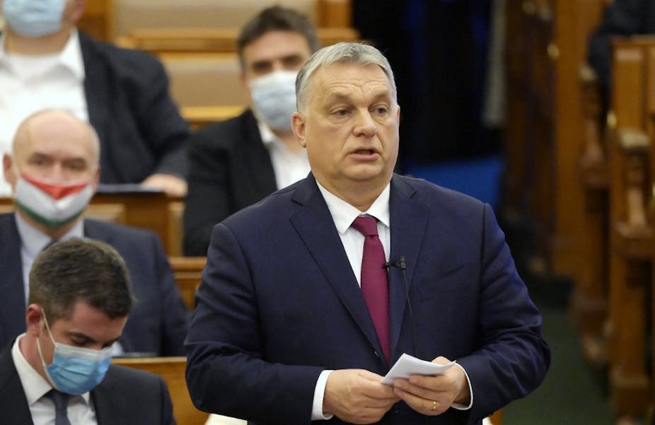 Le premier ministre hongrois Viktor Orban lors d'un discours au Parlement le 15 février 2021.