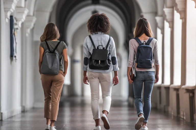 Three students walk along a corridor.