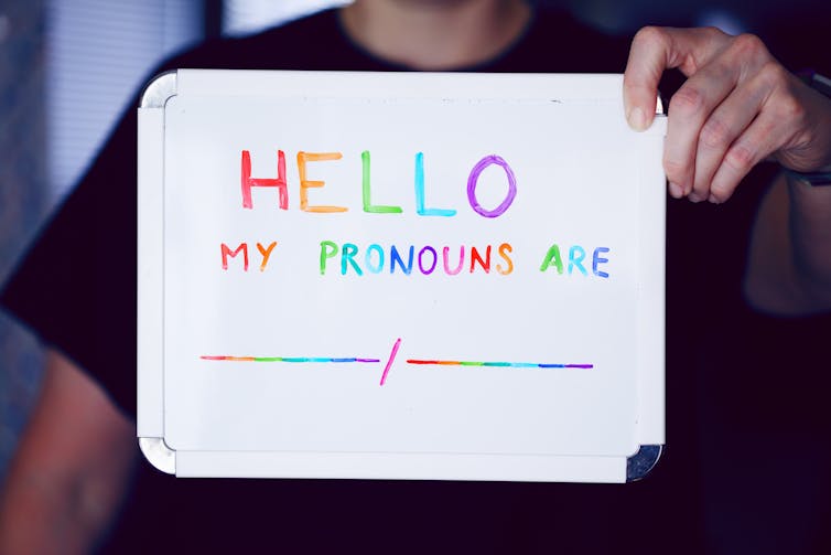 Person holding up rainbow sign that reads 'Hello my pronouns are:'