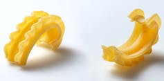 Two pieces of cascatelli, a new pasta that is shaped a bit like a waterfall, sit next to each other
