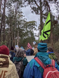 Protesters in a forest