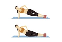 An illustration of two side plank positions: one with hips down and the other with hips up.