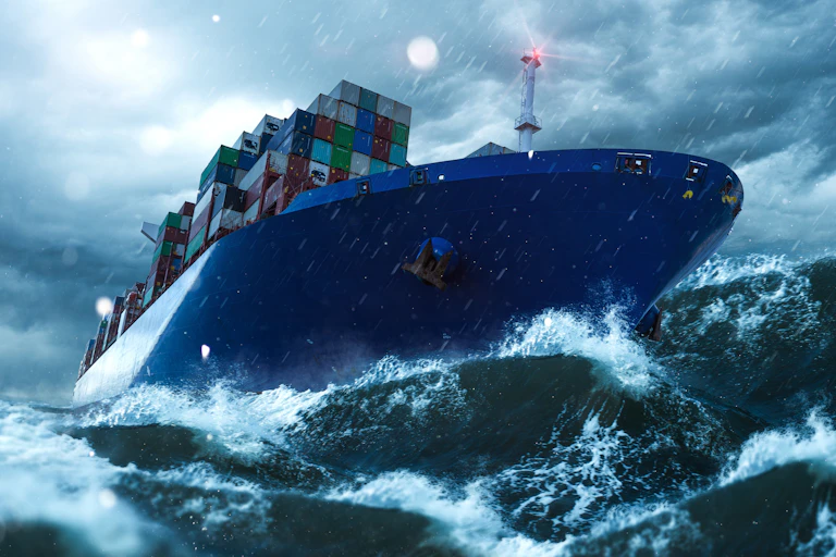 A ship caught in a dark and stormy sea