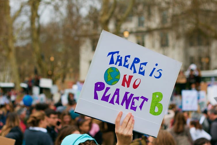 A climate demonstrator holds a placard that reads 'There is no Planet B'
