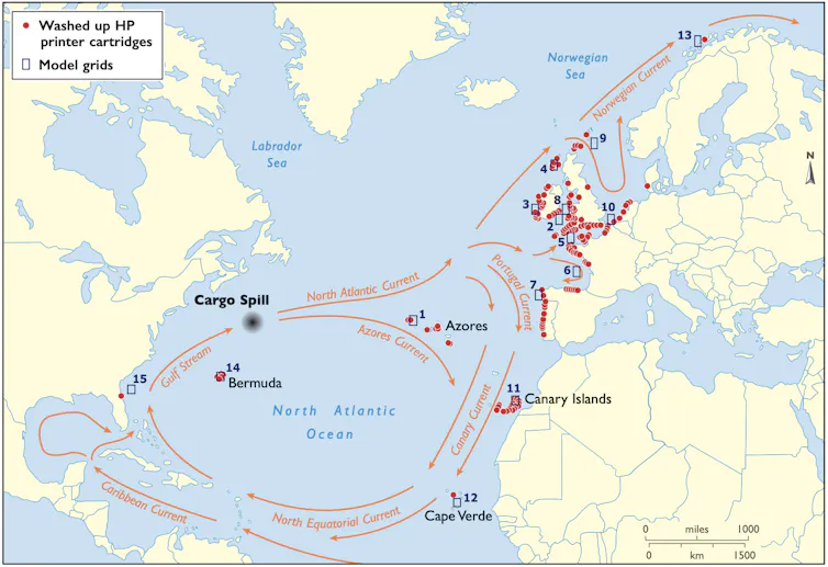 A map of the Atlantic showing where the inkjet cartridges were found – from the Gulf of Mexico to northern Norway
