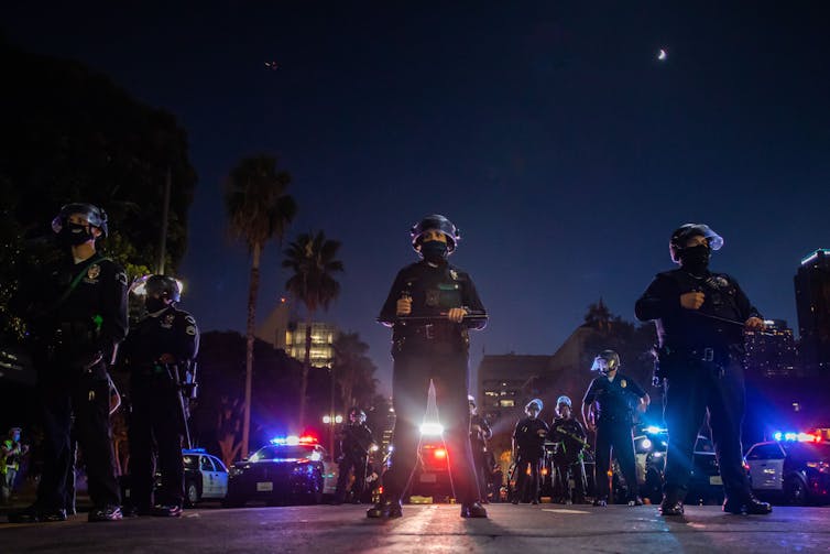 Police officers in front of LA City Hall.
