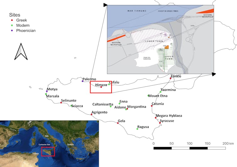 map of Sicily with a cutout showing the Himera archaeological site