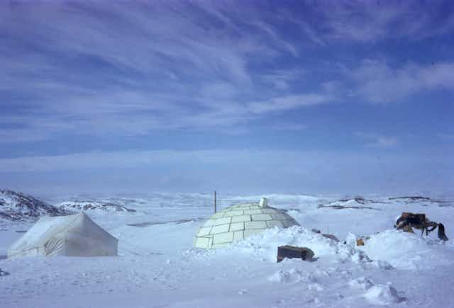Tent and Styrofoam structures on a snowy plain