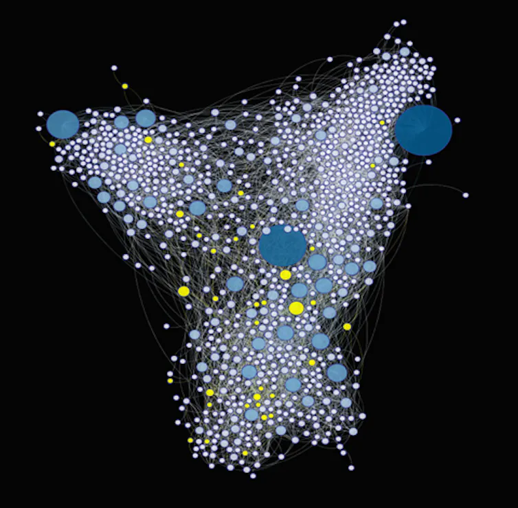 A diagram showing the networks of jazz players, with women represented in yellow.