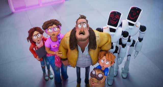 Animated film still: a family stands with two robots