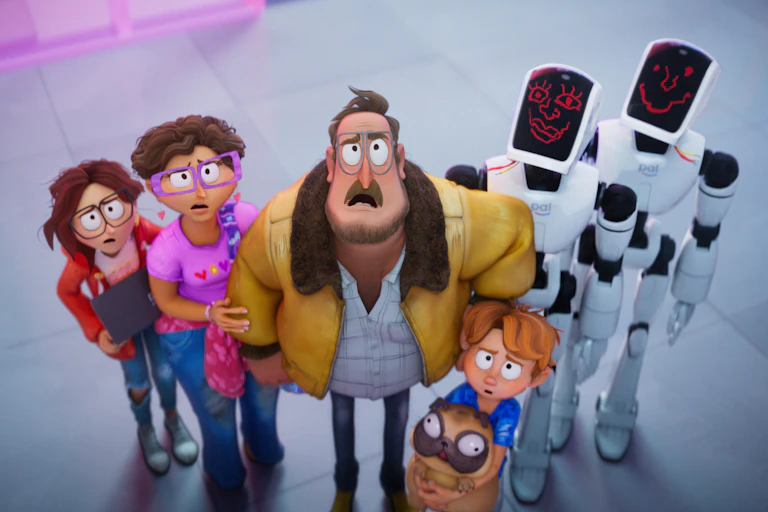 Animated film still: a family stands with two robots