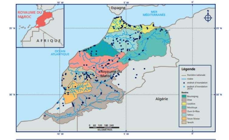 Localisation des inondations ayant eu lieu au Maroc. Ministère de l’Équipement, du Transport, de la Logistique et de l’Eau, Author provided