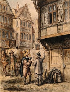 Painting of two men standing outside a tavern while a plague cart goes by.