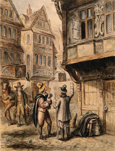 Painting of two men standing outside a tavern while a plague cart goes by.