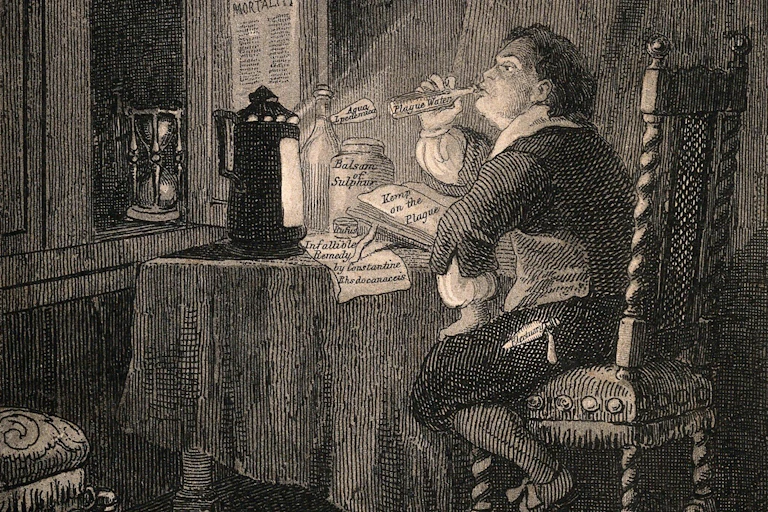 Man sat at desk drinking various things.