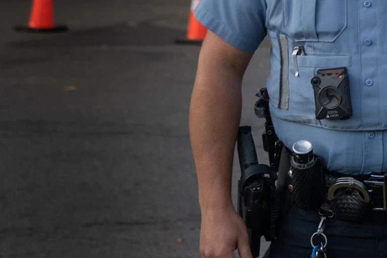 A police officer wears a body camera