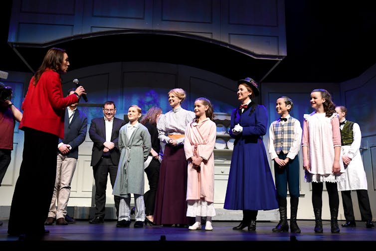Jacinda Ardern meeting the cast of Mary Poppins on stage