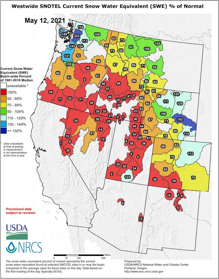 Map of western U.S. showing many areas with low snowpack