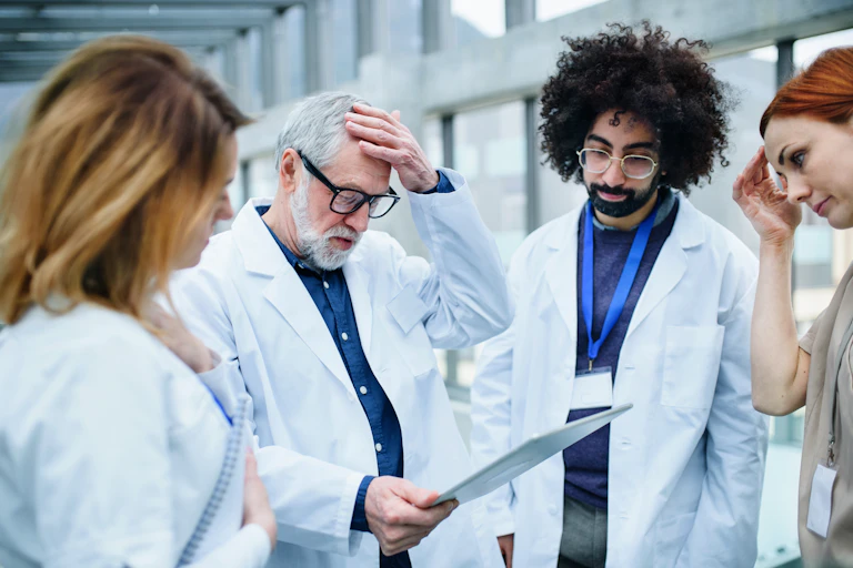 Group of worried looking researchers