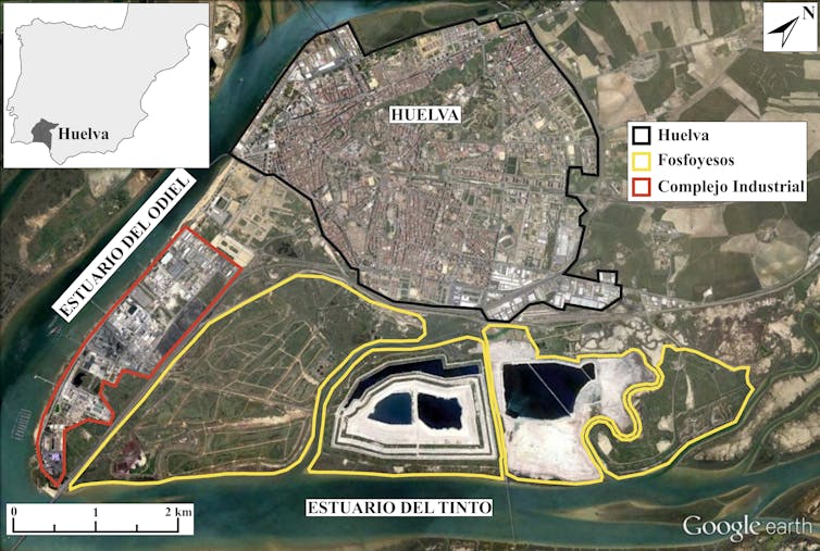 Imagen con delimitación de las zonas industriales y balsas de fosfoyeso de Huelva
