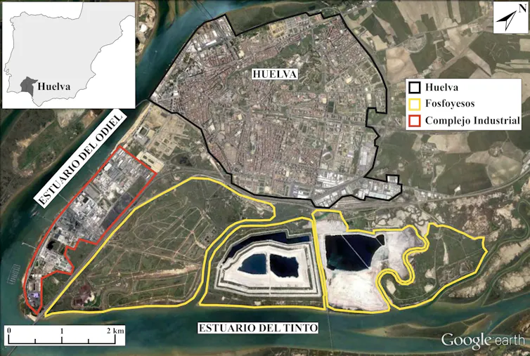Imagen con delimitación de las zonas industriales y balsas de fosfoyeso de Huelva