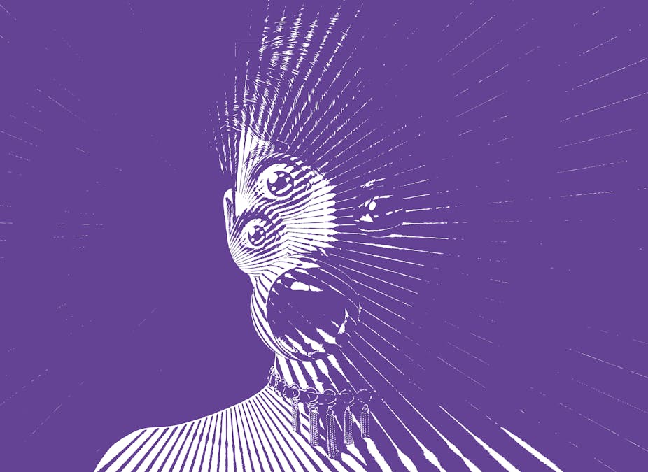 A woman with three eyes with a shocked expression on her face.