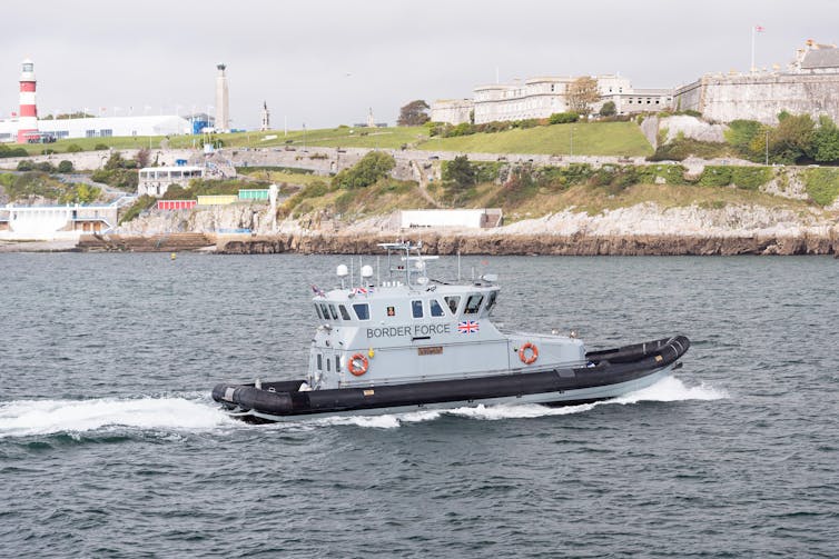 A UK Border Force coastal patrol vessel enters Plymouth harbour