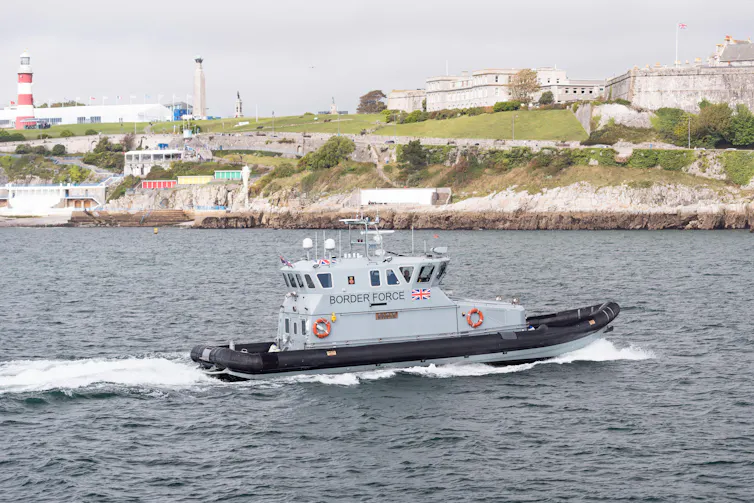 A UK Border Force coastal patrol vessel enters Plymouth harbour