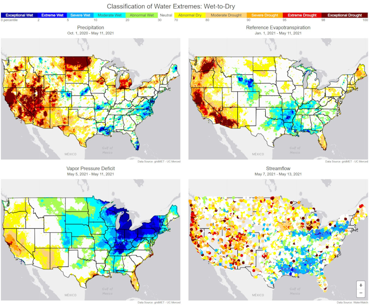 Four US maps showing drought levels of precipitation, vapor pressure deficit, evapotranspiration and streamflow