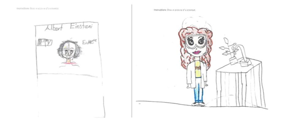 Child's illustrations of Albert Einstein and a woman scientist with long brown hair