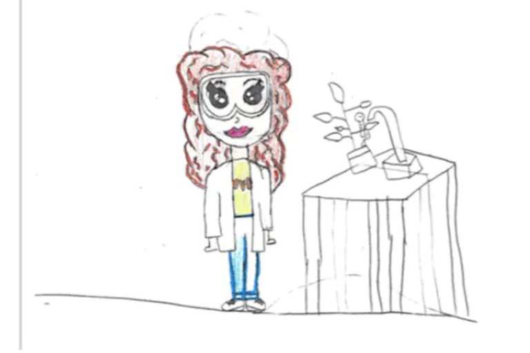 Child's illustrations of Albert Einstein and a woman scientist with long brown hair