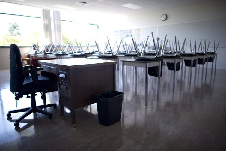 Empty classroom with chairs up on student desks