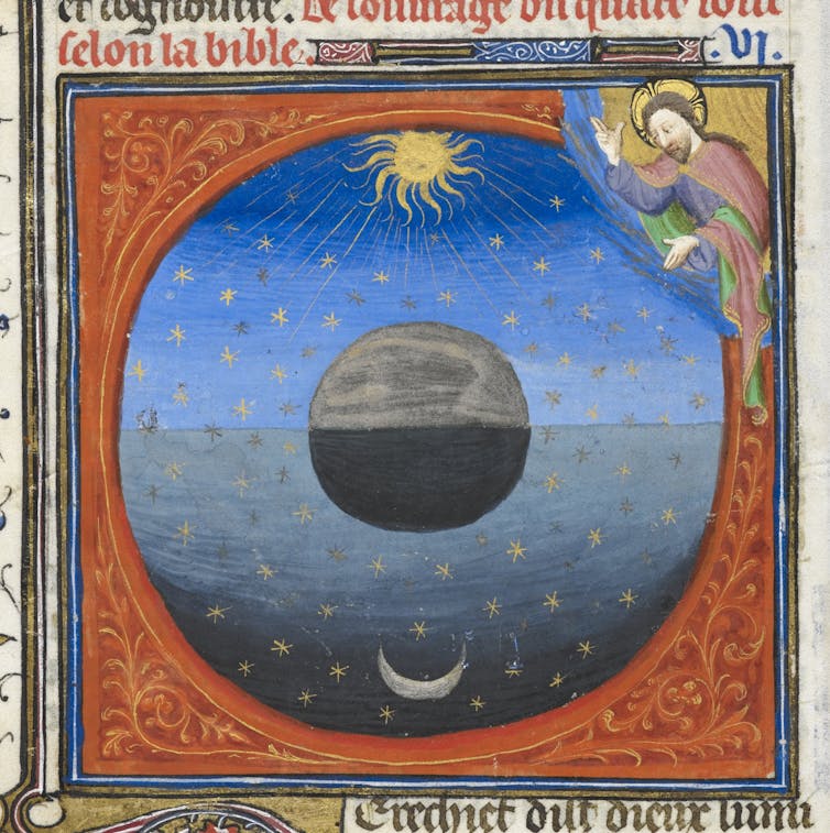 A manuscript illumination showing God creating the Moon and Sun.